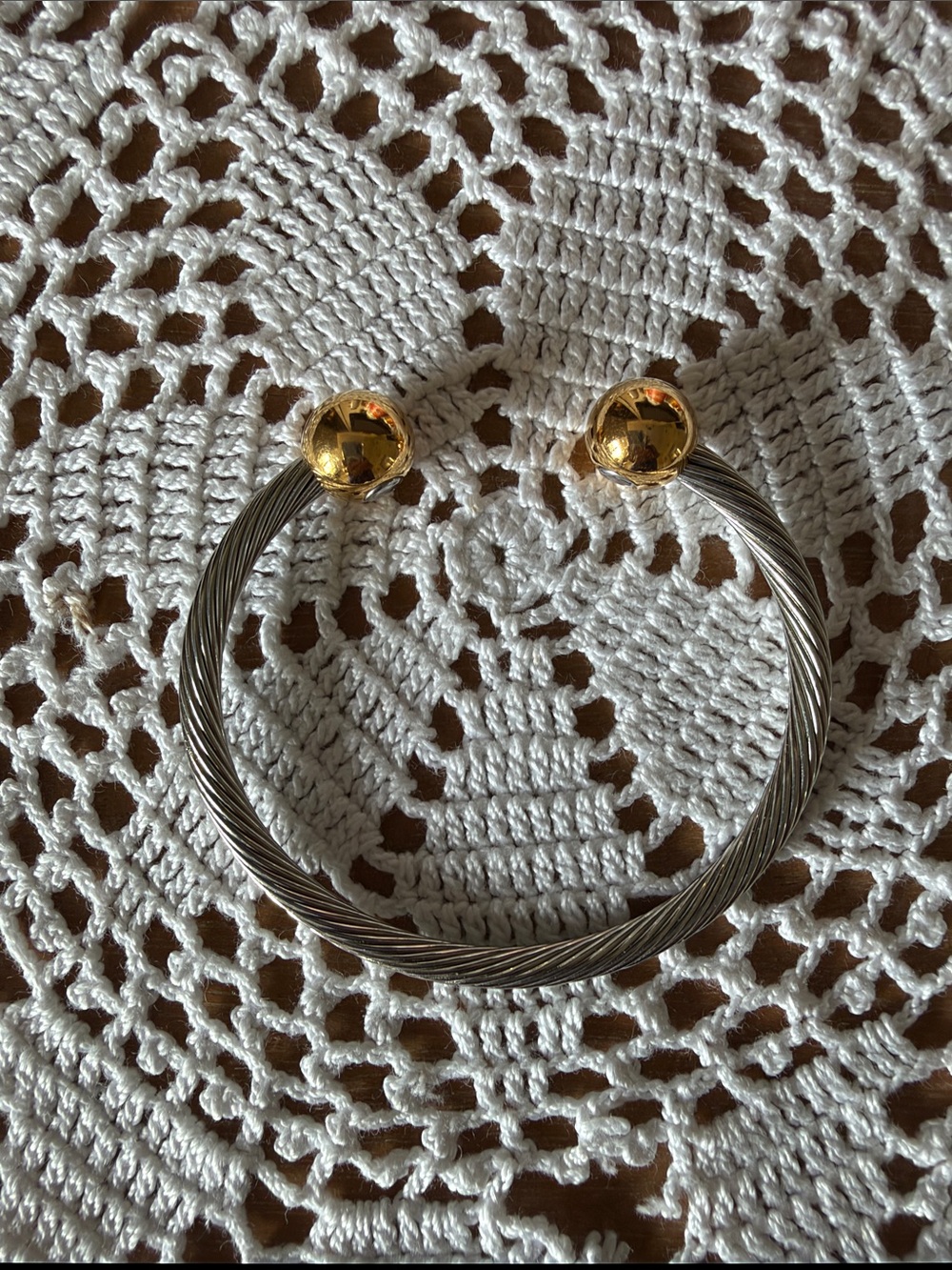 Gold Tone Tip and Silver Cable Cuff Bracelet